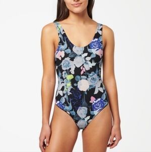 NWT STANCE Lightweight Floral Mesh Thong Bodysuit Size Small In Black Floral